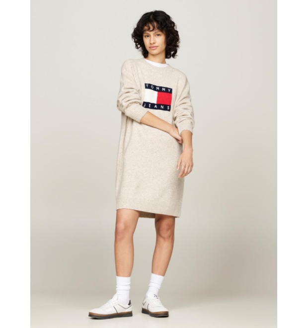 Šaty s prímesou vlny Tommy Jeans béžové Šaty s prímesou vlny Tommy Jeans béžové