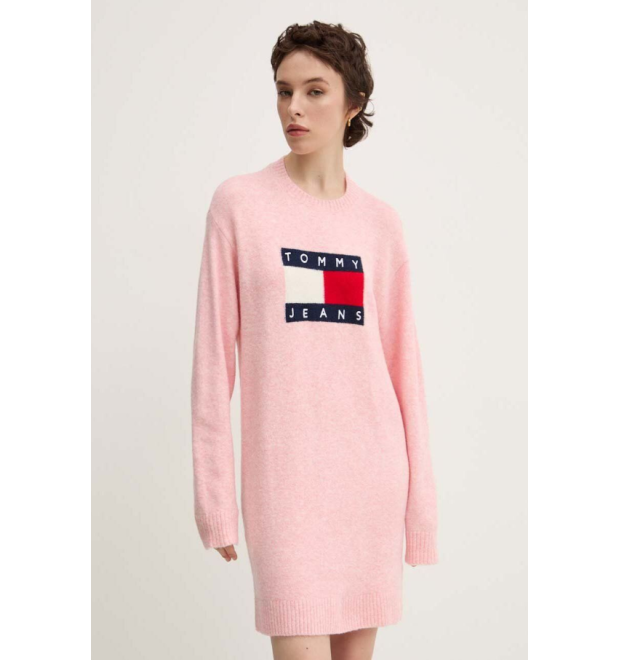 Šaty s prímesou vlny Tommy Jeans ružové Šaty s prímesou vlny Tommy Jeans ružové