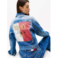 Tommy Jeans dámska rifľová bunda s výšivkou na chrbte modrá