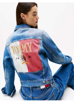 Tommy Jeans dámska rifľová bunda s výšivkou na chrbte modrá