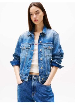 Tommy Jeans dámska rifľová bunda s výšivkou na chrbte modrá