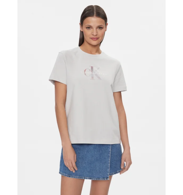 Bavlnené tričko Calvin Klein s farebným logom-sivé Bavlnené tričko Calvin Klein s farebným logom-sivé