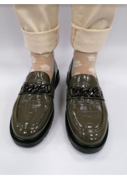 KHAKI DÁMSKE KOŽENÉ LESKLÉ MOKASÍNY