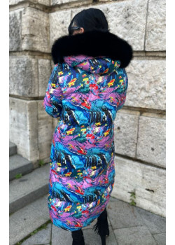 Dlhá luxusná páperová bunda Flo&Clo s pestrofarebným vzorom