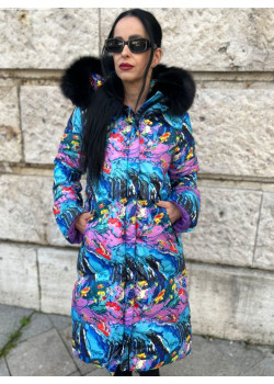 Dlhá luxusná páperová bunda Flo&Clo s pestrofarebným vzorom