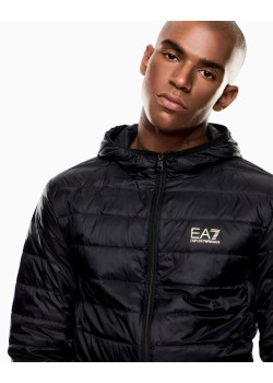 EA7 Emporio Armani pánska prešívaná bunda s kapucňou zlaté logo čierna