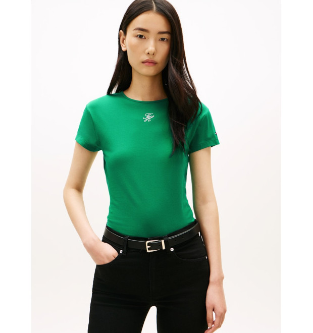 Tommy Hilfiger Slim tričko s textúrovaným logom zelené Tommy Hilfiger Slim tričko s textúrovaným logom zelené