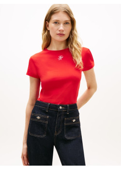 Tommy Hilfiger Slim tričko s textúrovaným logom červené