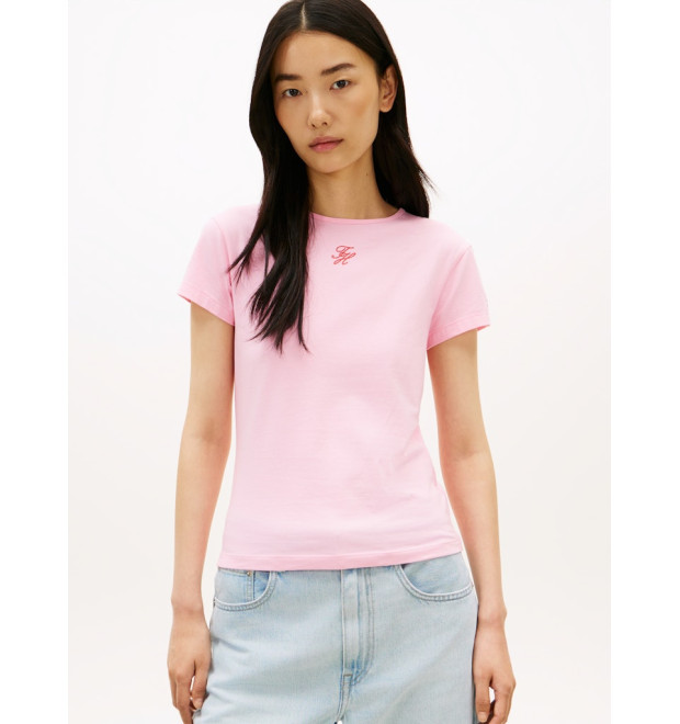 Tommy Hilfiger Slim tričko s textúrovaným logom ružové Tommy Hilfiger Slim tričko s textúrovaným logom ružové