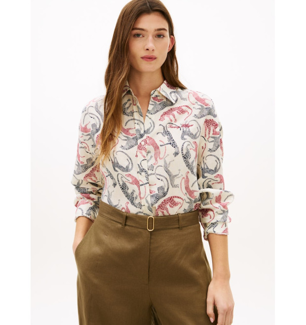 Tommy Hilfiger ľanová košeľa s leopardom béžová Tommy Hilfiger ľanová košeľa s leopardom béžová