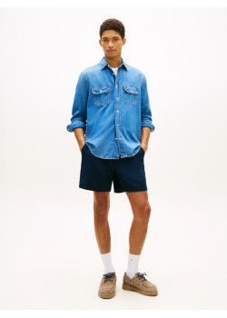 Tommy Jeans krátke ľanové nohavice modré
