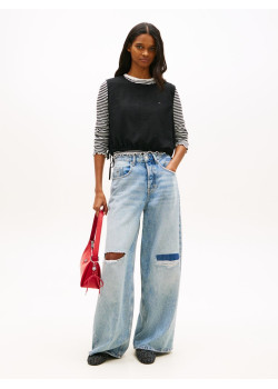 Tommy Jeans blúzka s viazaním na bokoch čierna
