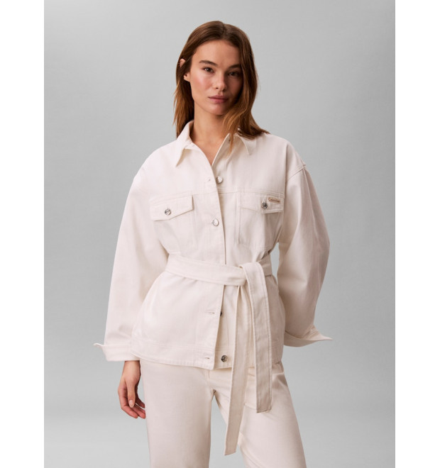 Calvin Klein džínsová bunda s opaskom biela Calvin Klein džínsová bunda s opaskom biela