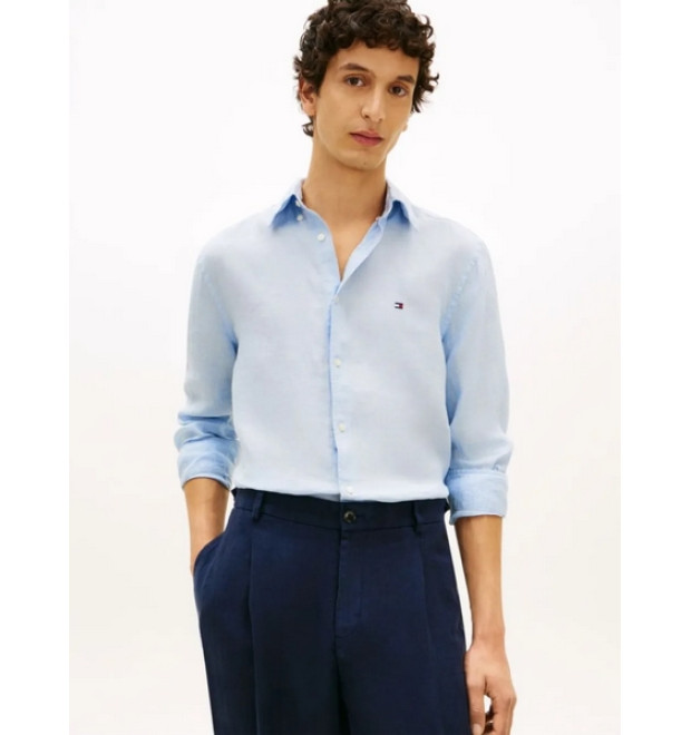 Tommy Hilfiger ľanová košeľa dlhý rukáv modrá