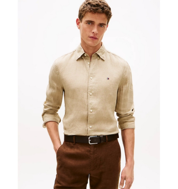 Tommy Hilfiger ľanová košeľa dlhý rukáv hnedá