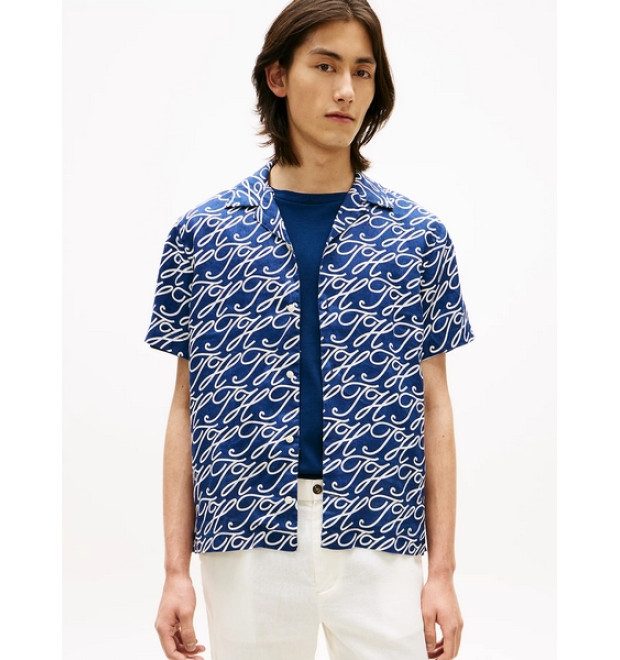 Tommy Hilfiger ľanová košeľa s potlačou modrá